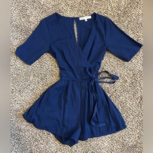 Scalloped V-Neck Romper with Waist Tie